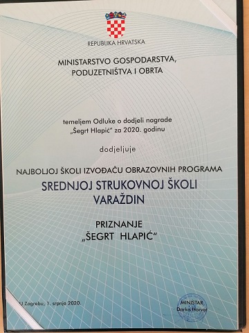 Srednja strukovna škola Varaždin – dobitnik nagrade „Šegrt Hlapić“ za najbolju strukovnu školu u Hrvatskoj